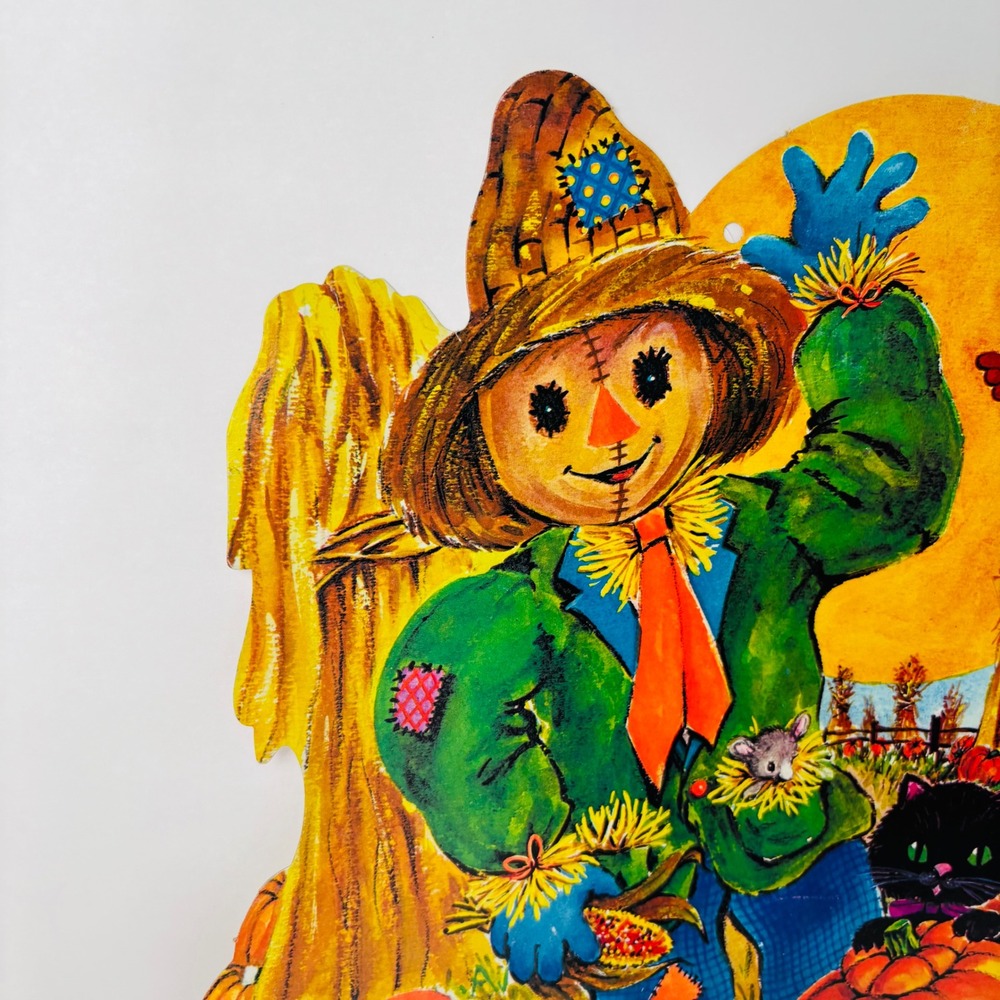 Vintage 1970's Die Cut Halloween Decoration Scarecrow Moon Cat Jack-O-Lantern - Picture 3 of 6